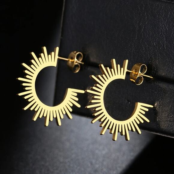 18K Gold Plated Sun C-shape Earrings - Picture 2 of 9